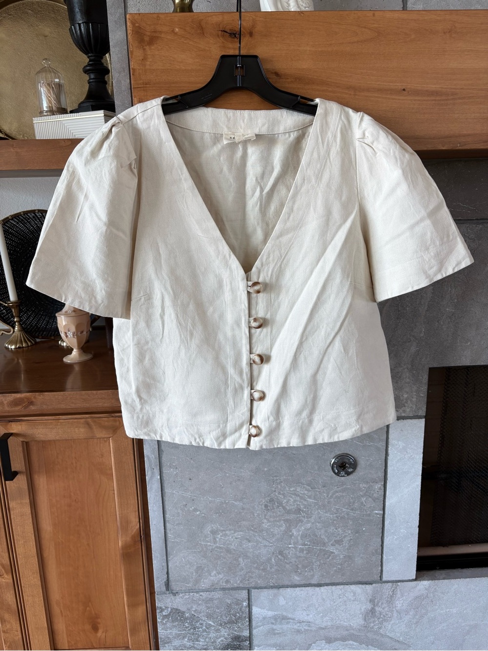 Sezane Cream V-Neck Button-Front Short Sleeve Blouse
